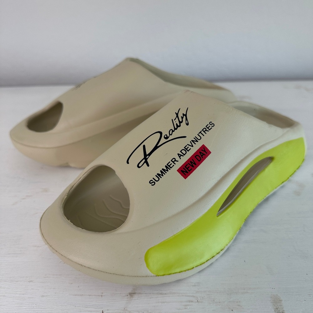 Reality Slides Mens 9 Summer Adevnutres Beige Lime Green Graphic Slip On